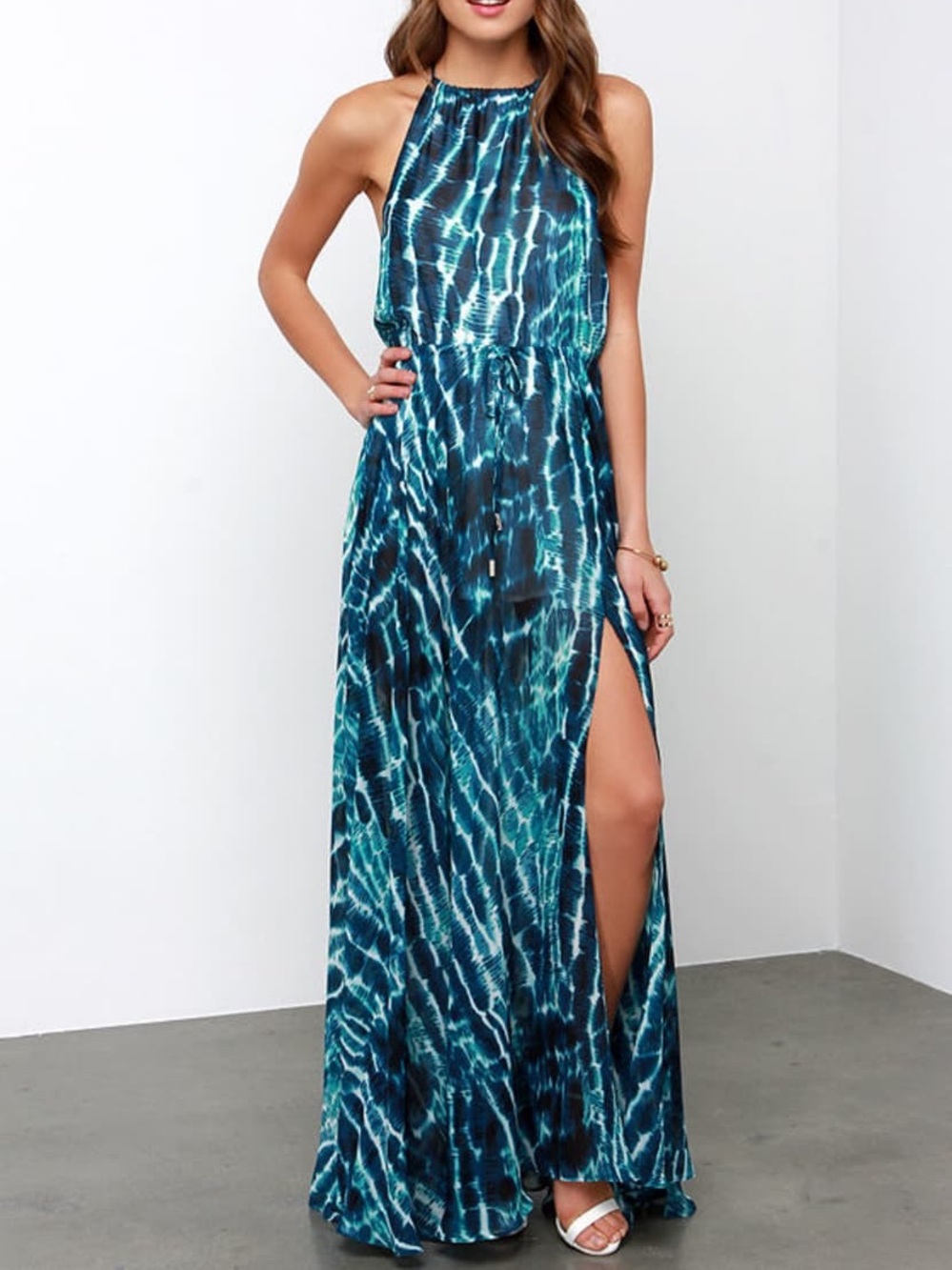 Olivaceous Teal and Turquoise Tie-Dye Halter Maxi Dress